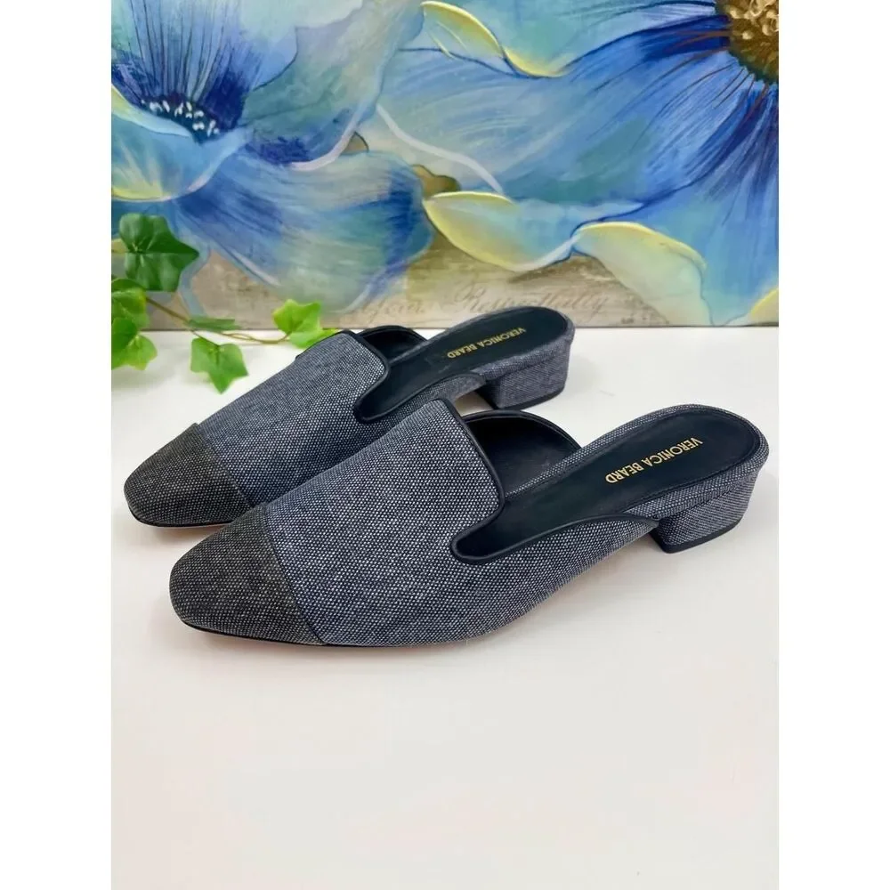 New Veronica Beard Cecile Denim Cap-Toe Mule In Denim Blue/Black 6.5